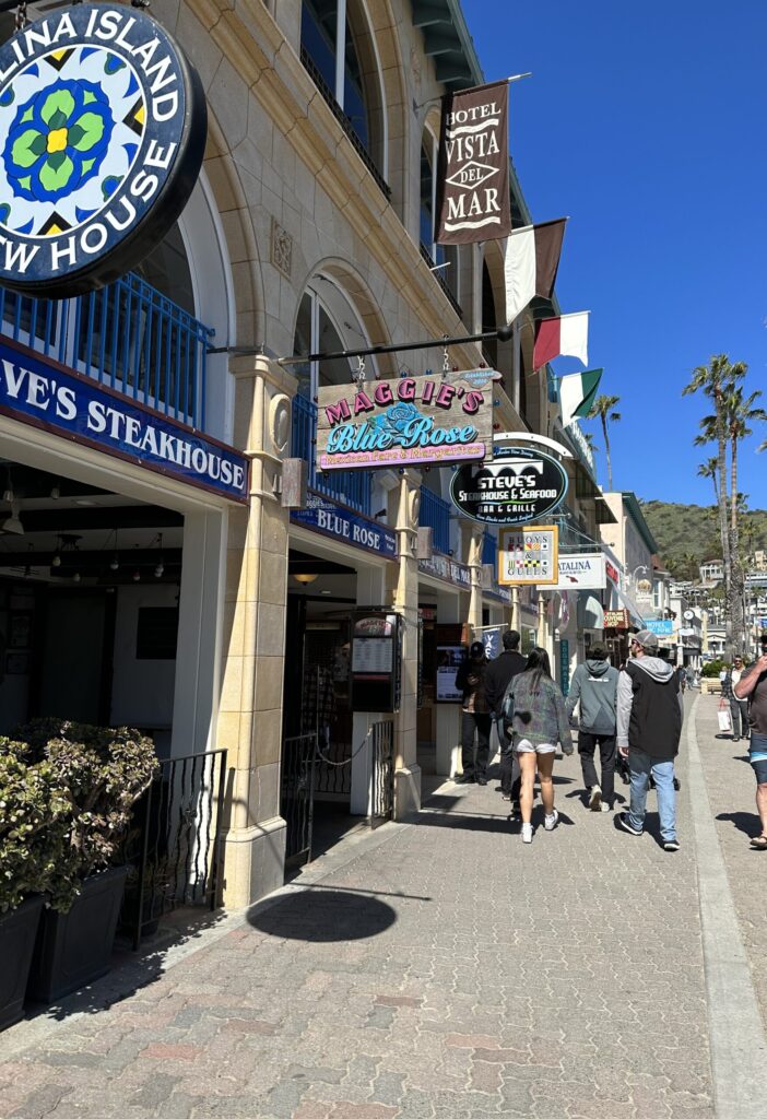 Shops in the cute romantic town of Avalon on Catalina Island in Southern California.